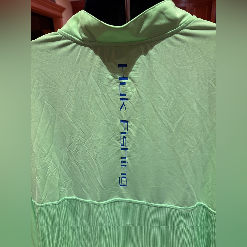 Huk Bright Green 1/4 zip Performance Pullover. Neon green with logos front/back - Picture 4 of 6